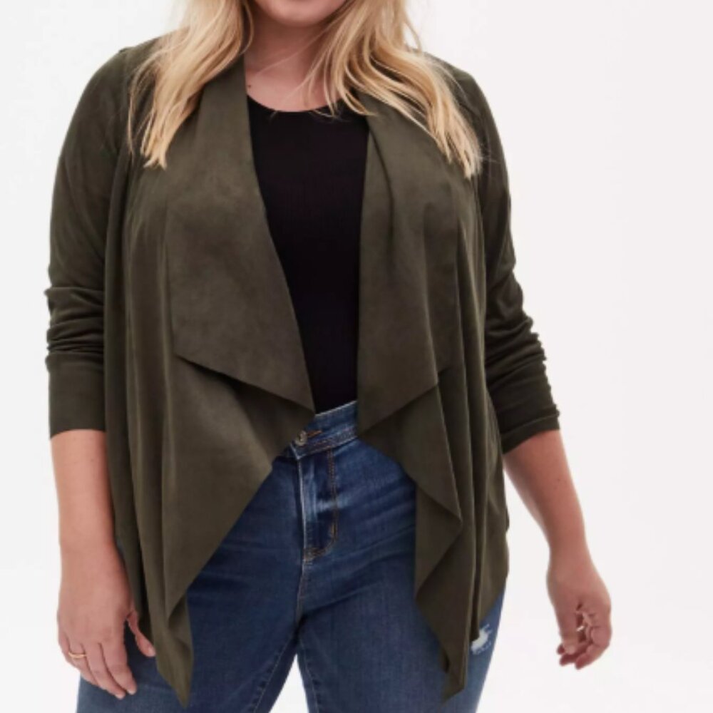 Torrid Olive Green Faux Suede Drape Front Jacket Size 3